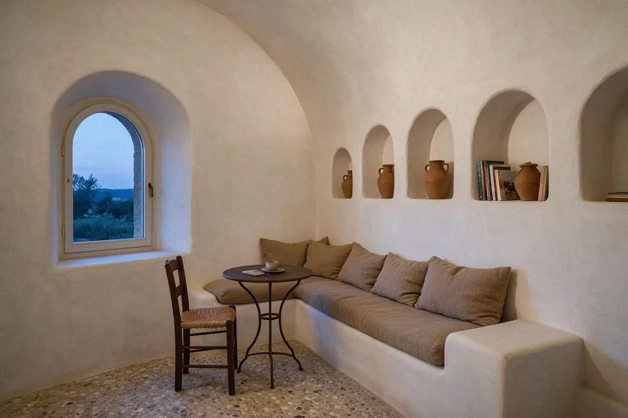 A compact Mediterranean-style studio apartment with white stucco walls, a vaulted ceiling, and a series of built-in wall niches holding clay vases and a few books. A long built-in bench with beige cushions runs along the wall beside a small round café table and a woven-seat wooden chair, while an arched window brings in soft blue dusk light.
