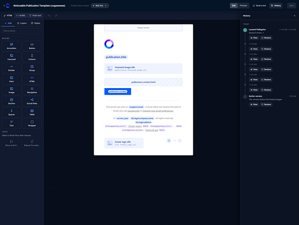 An email template editor interface displaying a publication email template with editable blocks, a preview section, and a version history panel.