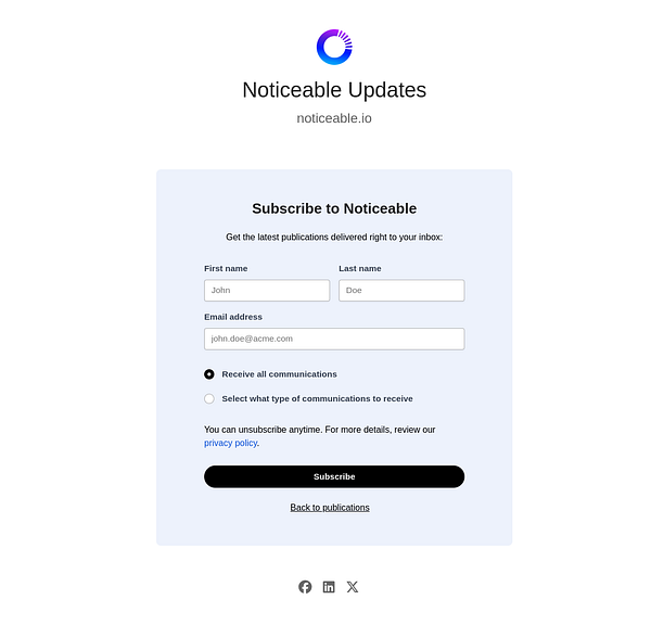 The image displays a subscription form for Noticeable Updates on a webpage.