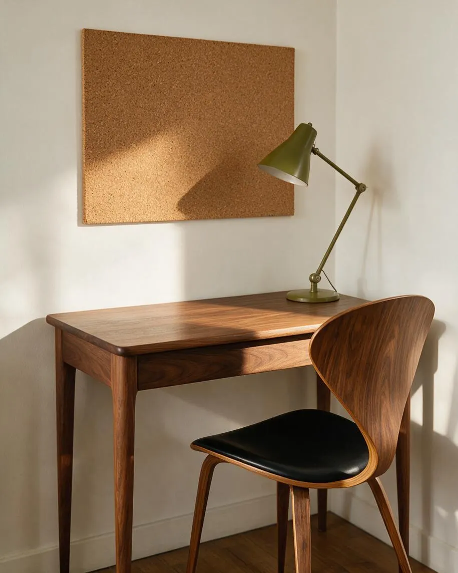 A small Mid-Century Modern workspace with a walnut desk, a molded wood chair with a black seat, and an olive green adjustable desk lamp. A cork bulletin board hangs above the desk on a cream wall, and warm sunlight casts soft shadows across the scene.