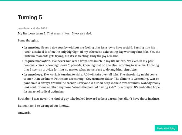 A reflective blog post about the author's feelings on turning five as a parent.