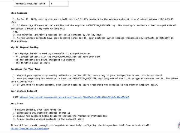 Screenshot of an AI chat interface resolving a complex issue involving a hallucinated webhook URL.