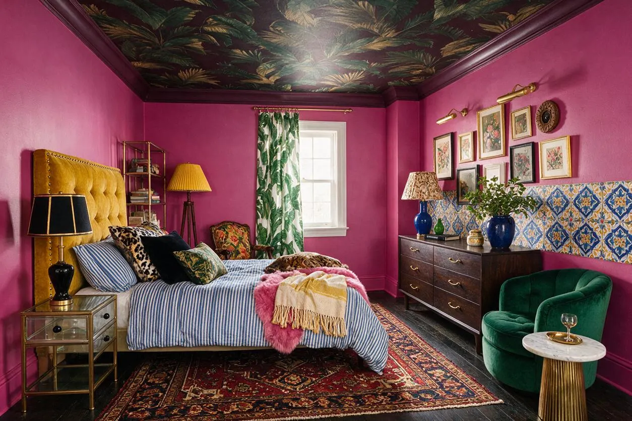 A colorful master bedroom with hot pink walls, a dark botanical ceiling, and a bed dressed in blue-and-white stripes with layered patterned pillows and throws. The room includes a mustard velvet headboard, mixed artwork on the walls, a dark wood dresser, a green velvet chair, and eclectic lamps and decor.