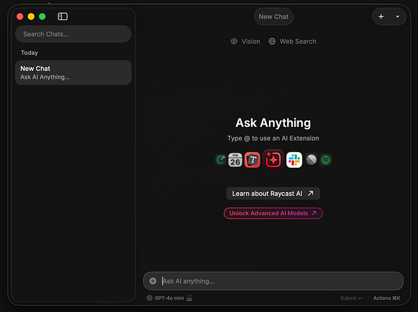 Screenshot of Raycast AI interface showing a quick command input and AI response area with side navigation icons.