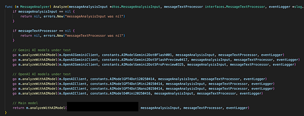 The image displays a code snippet for analyzing AI models in parallel.