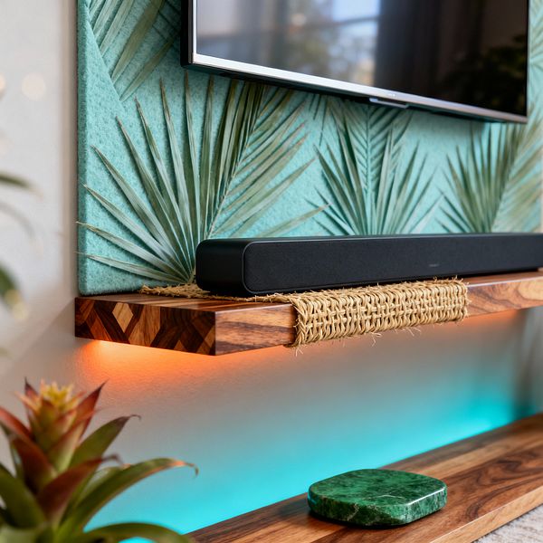 A close-up of a tropical-inspired media wall shows a seafoam green panel with palm-leaf motifs behind a wall-mounted TV. A black soundbar sits on a floating acacia wood shelf wrapped with a woven jute runner, warm amber LEDs glowing beneath, while a lower wood ledge emits a cool aqua light; a small green marble coaster and a leafy plant at the edge of the frame complete the natural accents.