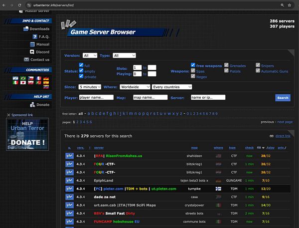 Screenshot of the Urban Terror Game Server Browser webpage showing a list of available game servers with one server highlighting ut.pieter.com.