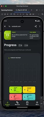 The image displays an Android emulator running a fitness tracking web app called Notebell.