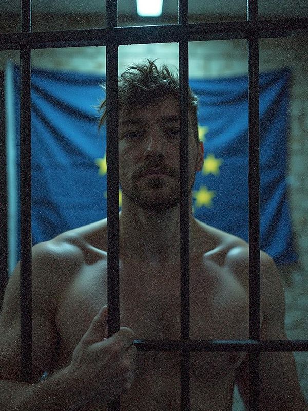 A shirtless man stands behind bars in a dimly lit room with a flag in the background.