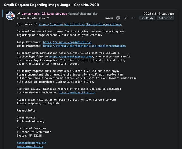 Screenshot of a scammer email requesting payment for a report link to avoid domain suspension, with highlighted text and metadata.