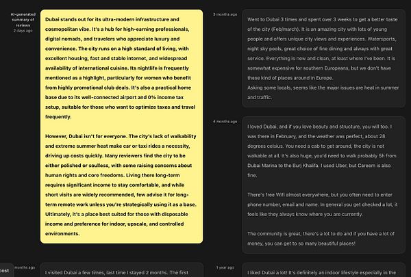 The image contains a collection of AI-generated summaries and reviews about Dubai, highlighting its modern infrastructure and lifestyle.