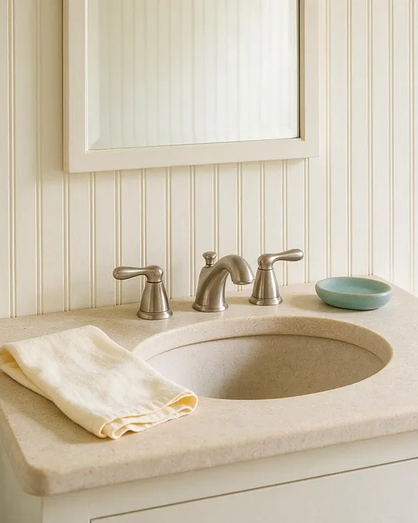 A coastal-style bathroom vanity with a cream stone countertop and integrated oval sink, topped by brushed nickel faucets. White beadboard walls and a frameless mirror create a bright, airy feel, while a pale cream towel and a sea-glass green dish add soft beach-inspired color.