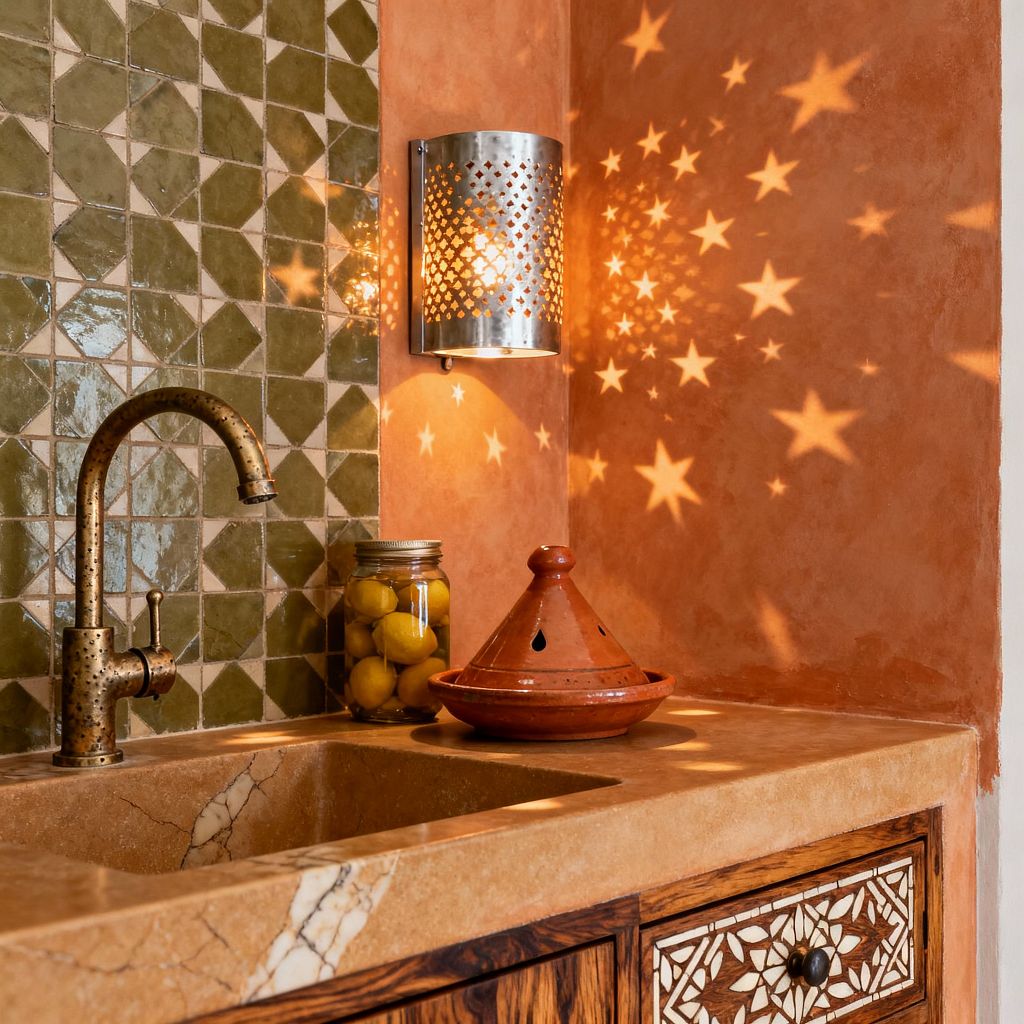 A close-up of a Moroccan-style kitchen corner shows olive green geometric zellige tiles meeting a terracotta tadelakt wall. A perforated metal wall sconce projects star-shaped light patterns over a honed limestone counter with an integrated stone sink, an aged brass gooseneck faucet, a wood drawer with bone-style inlay, and accessories including a clay tagine and a glass jar of preserved lemons.