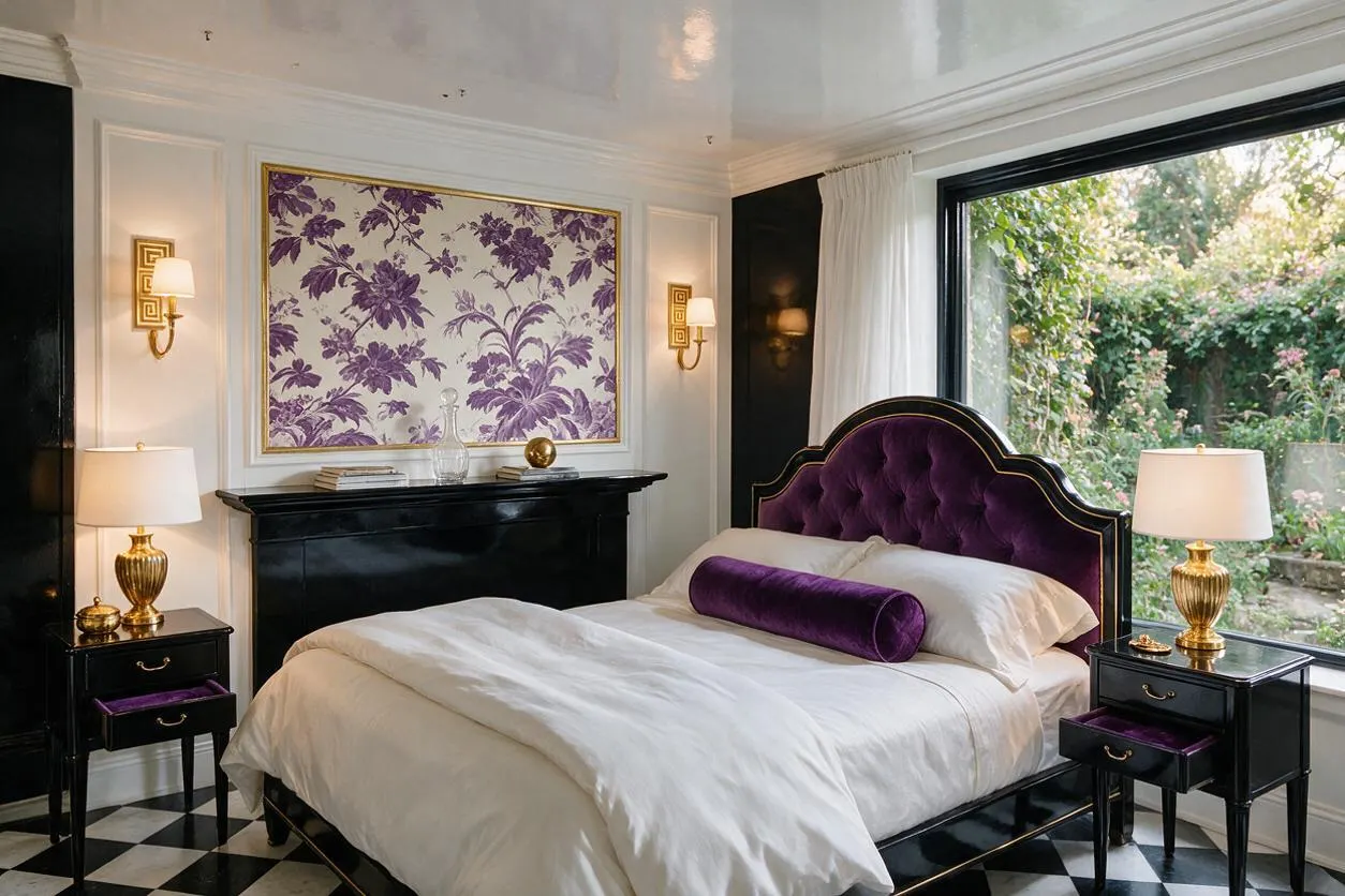 A Hollywood Regency guest bedroom with a black upholstered bed featuring a purple tufted headboard and matching purple bolster pillow. White bedding contrasts with glossy black nightstands, brass lamps, and a floral purple wallpaper panel above the fireplace, while black-and-white checkered flooring and a large garden window add drama and light.