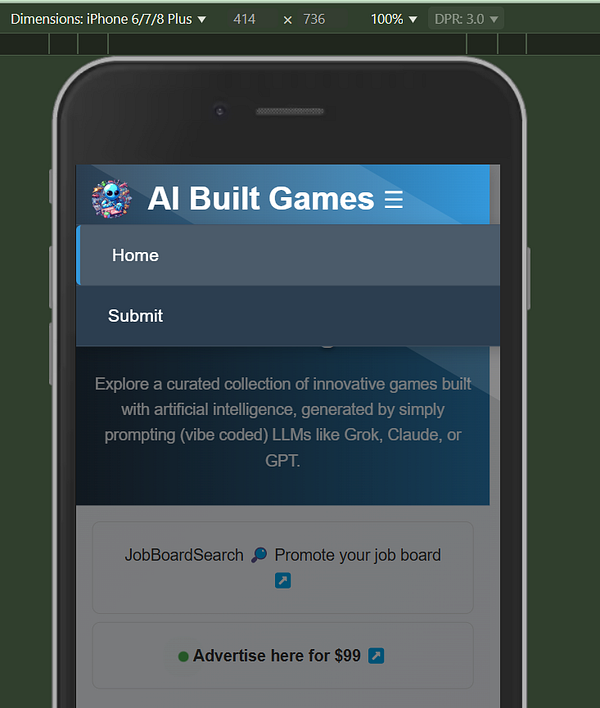 The image displays a mobile interface for the 'AI Built Games' website featuring a navigation menu and promotional content.