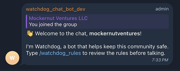 A chat interface displaying a welcome message from a bot in a group chat.