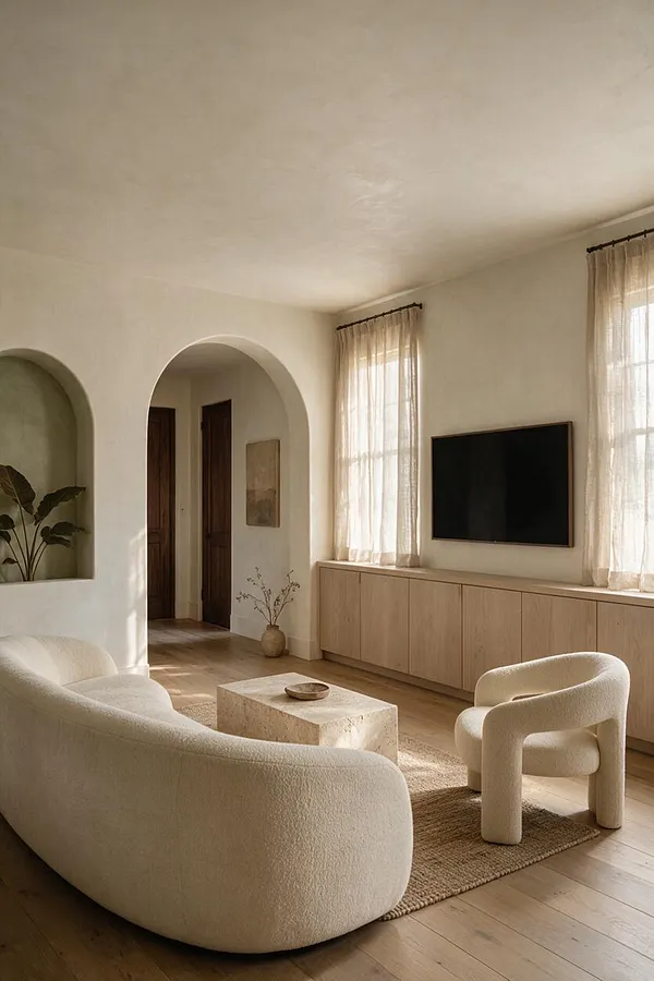 A serene media room with a curved cream sofa, a matching sculptural chair, and a travertine coffee table on a woven rug. A wall-mounted TV sits above a long light-wood cabinet beneath sheer curtains, with arched openings, soft plaster walls, and warm wood flooring.