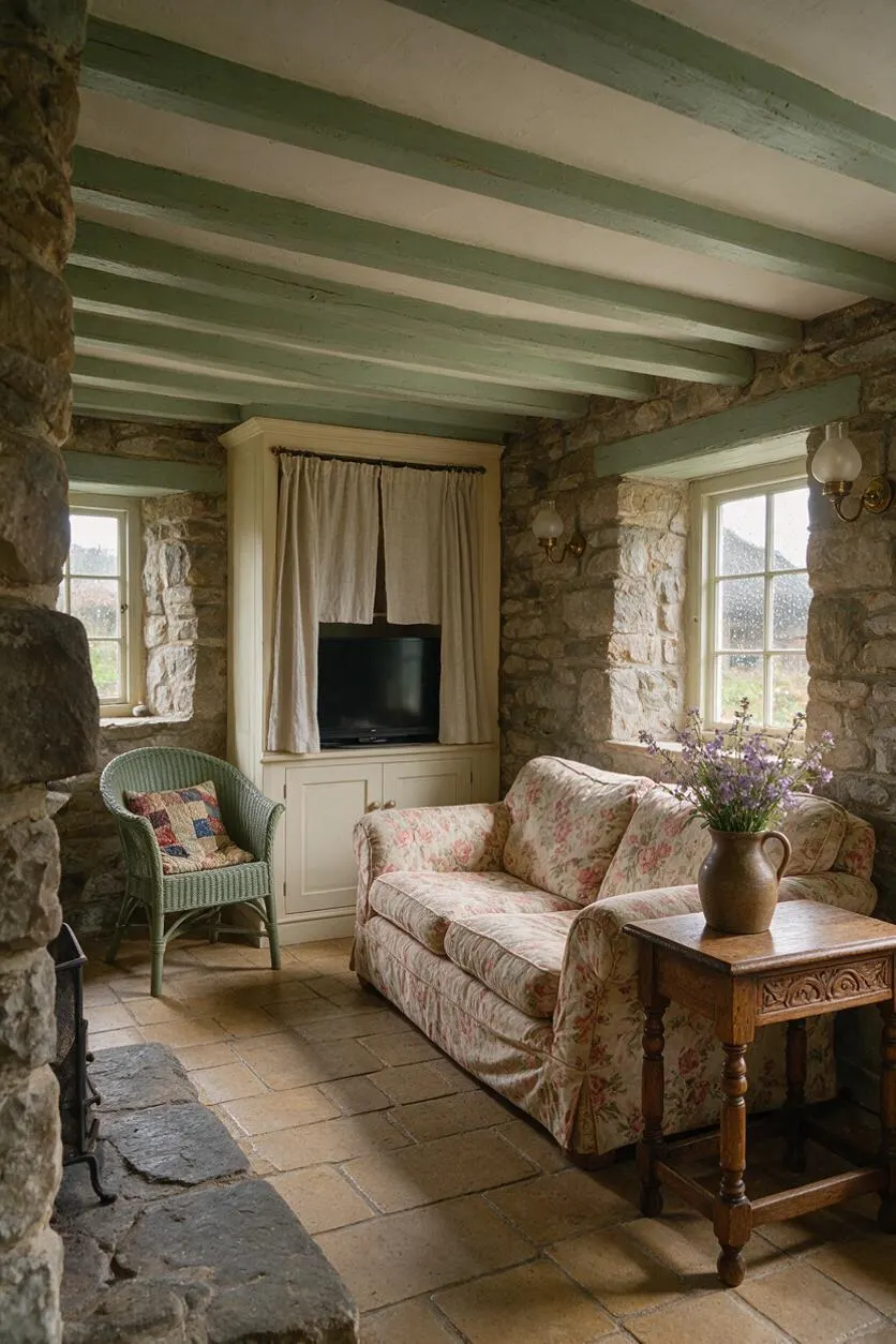 A cozy cottagecore media room with stone walls, exposed pale green ceiling beams, and a small television tucked into a built-in cabinet with linen curtains. A floral sofa, green wicker chair, and carved wooden side table create a warm, rustic seating area beside daylight-filled windows.