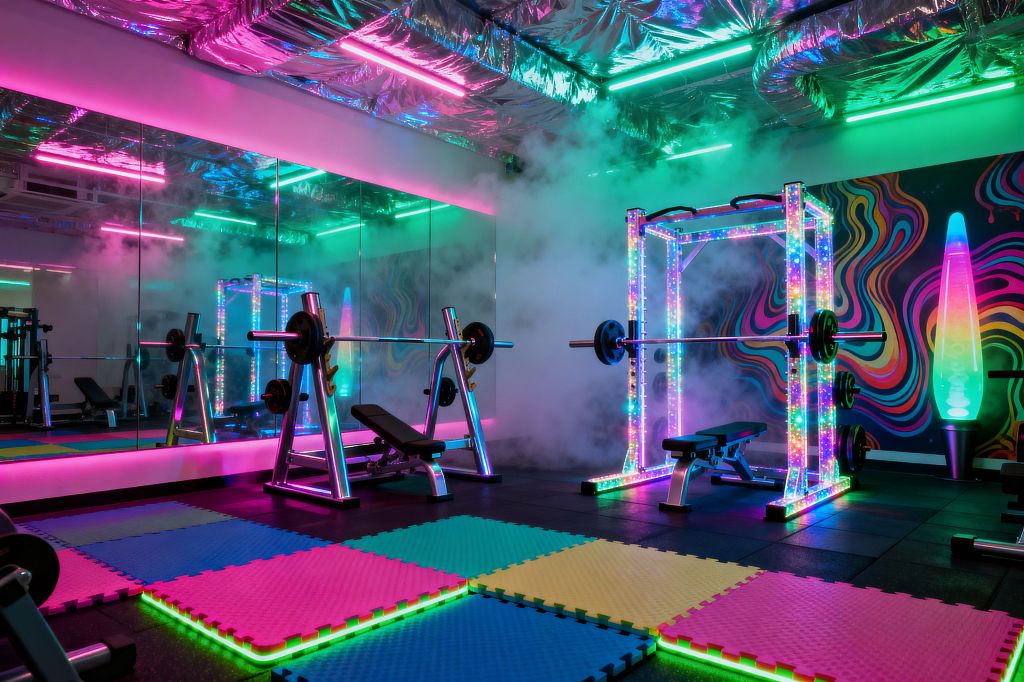 A neon-lit home gym features a full mirrored wall, an LED-wrapped power rack, and a chrome bench press station. Interlocking foam mats in pink, blue, yellow, and green sit over black rubber flooring. A metallic foil ceiling reflects magenta, cyan, and green linear lights, with light haze in the air. A swirling rainbow mural backs the space beside a tall lava lamp, while free weights and bars are stored on the racks.