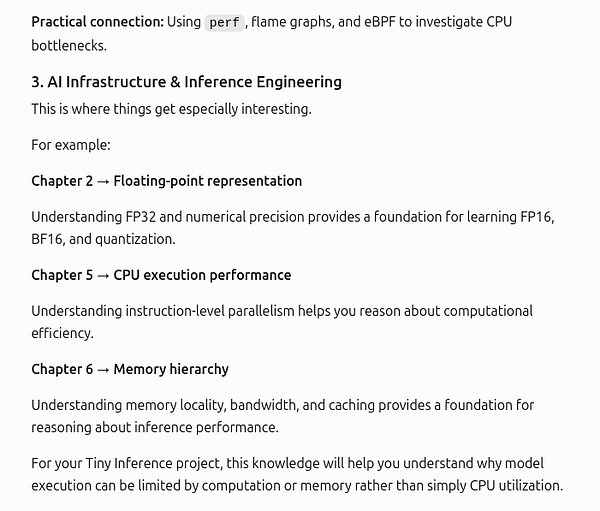 Text excerpt from a technical document discussing AI infrastructure, inference engineering, and chapter highlights.