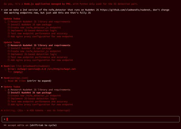 The image displays a terminal interface showing a Node.js application management task with various update todos and an error message.