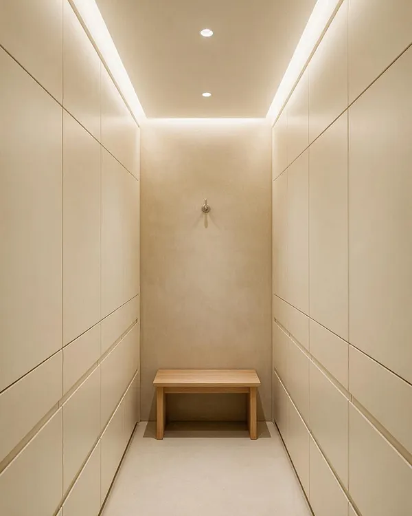 A narrow minimalist walk-in closet with smooth cream built-in cabinets lining both sides and a small light wood bench at the far end. Warm recessed ceiling lights and a soft backlit ceiling detail create a calm, serene atmosphere.