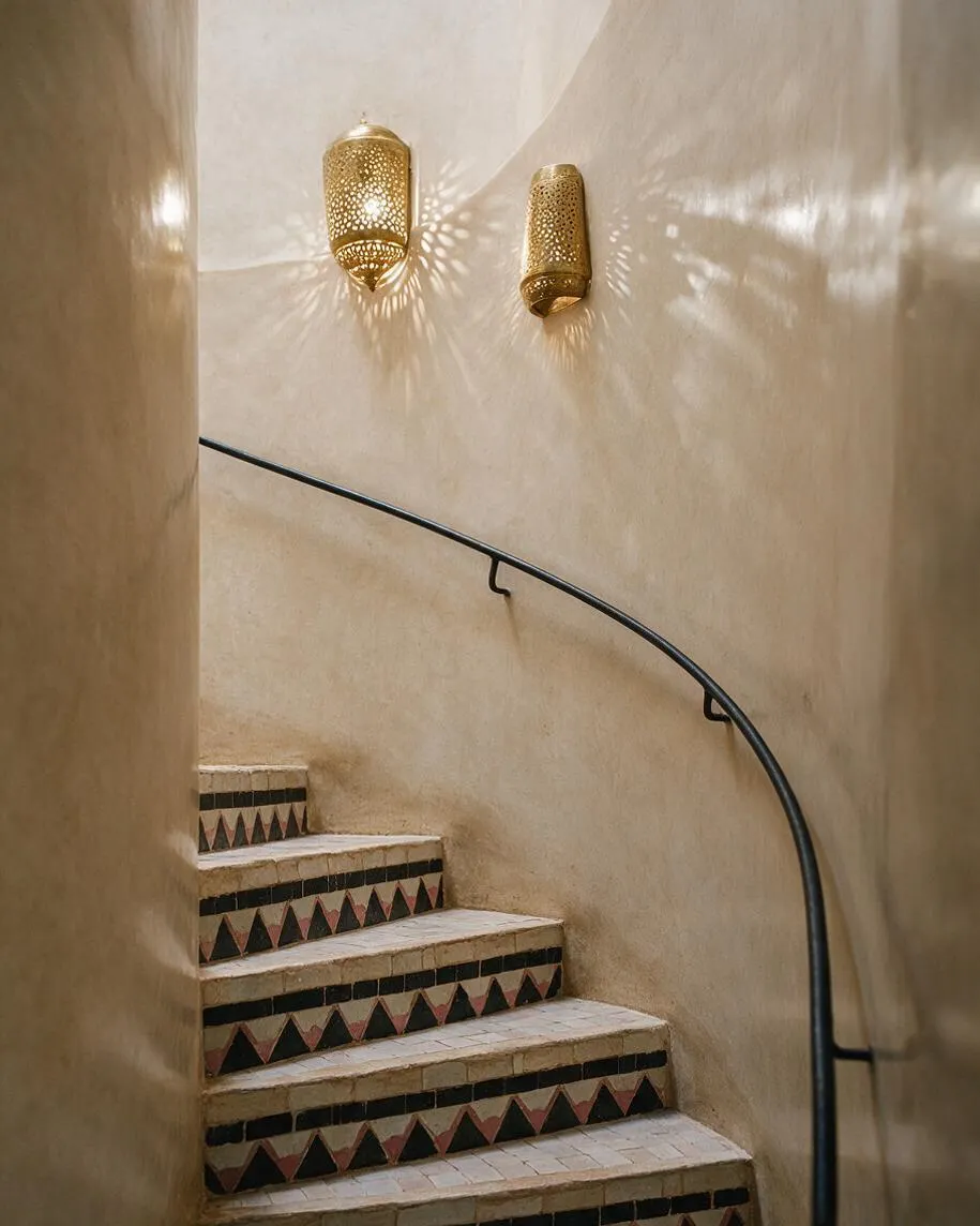 A narrow Moroccan-style staircase with smooth beige plaster walls, a curved black metal handrail, and patterned tile risers featuring geometric triangle motifs in black, cream, and muted red. Two perforated brass wall lanterns cast decorative light and shadow across the stairwell, creating a warm, intimate atmosphere.