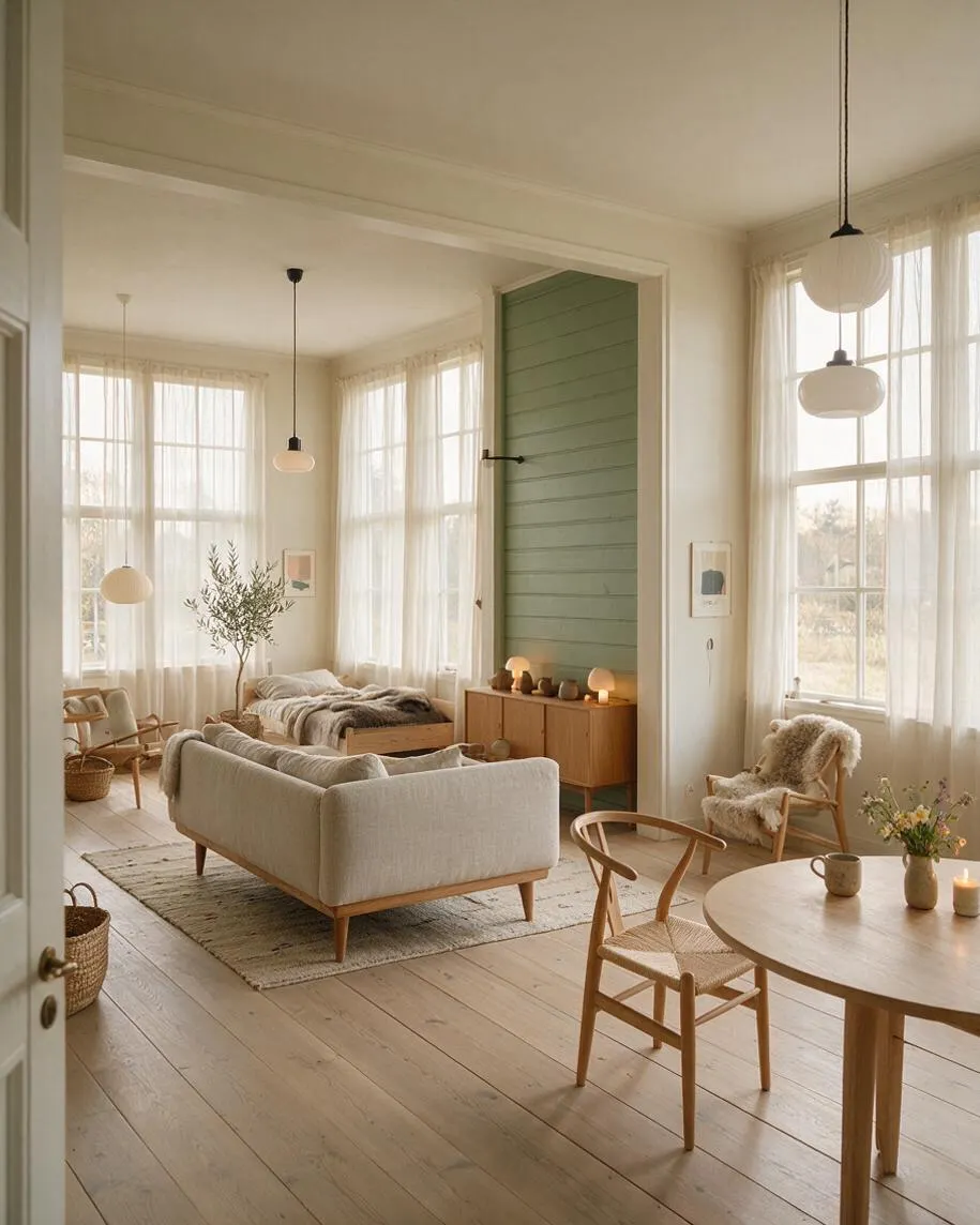 A light-filled Scandinavian-style front porch with pale wood floors, cream walls, and tall windows draped in sheer white curtains. The space includes a linen sofa, woven chairs, a round wood table, a low cabinet, and soft neutral textiles with a muted green accent wall.