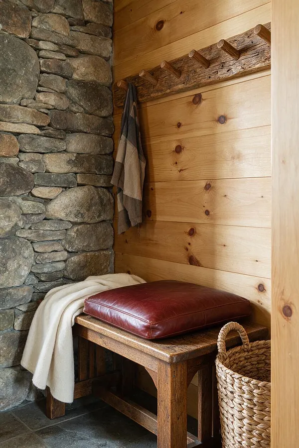 A rustic entryway features a stacked stone wall beside warm pine paneling with a log-style coat rack mounted high on the wall. A wooden bench holds a burgundy leather cushion and a cream throw, with a woven basket on the floor beside dark stone tile.