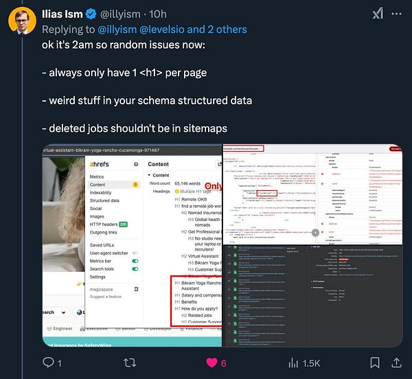 A screenshot of a Twitter conversation discussing SEO issues related to job postings.