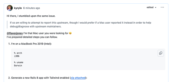 A user discusses a bug related to Tailwind and Rails on ARM64 architecture in a task comment.