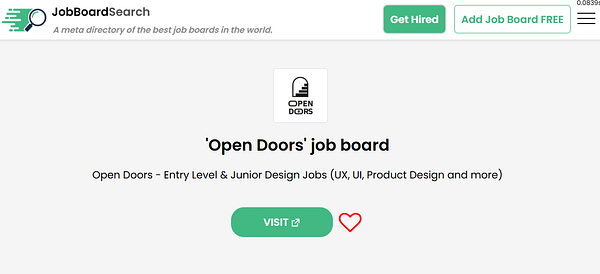 The image displays a job board listing for 'Open Doors' on the JobBoardSearch platform.