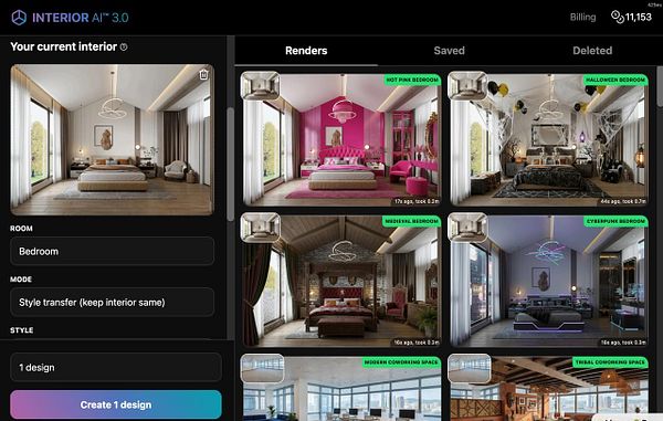 The image displays a user interface for an interior design application featuring various design options and a current interior view.