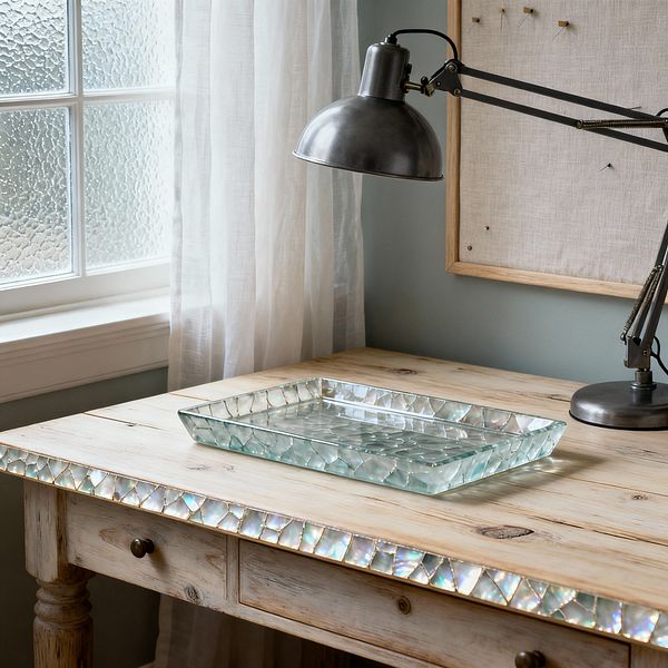 A sunlit home office corner shows a distressed light-wood desk trimmed with an iridescent glass mosaic along the edge. A shallow rectangular glass tray sits at center, and an adjustable brushed-steel task lamp with a domed shade extends over the surface. Behind the desk, a linen-covered pinboard hangs on a soft seafoam wall. To the left, a white sheer curtain filters daylight through a textured, frosted window, creating an airy, beach-inspired workspace.