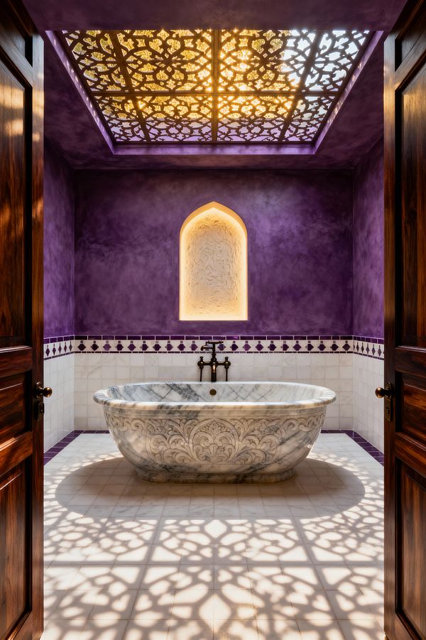 A Moroccan-style bathroom centers on a carved gray white marble soaking tub in front of white zellige tiles topped with a violet diamond border and rich purple tadelakt plaster. A pointed arched wall niche glows with warm backlighting, and an overhead perforated geometric skylight sends intricate shadows across the pale tiled floor and tub; aged-brass wall-mounted taps and dark walnut doors frame the symmetrical space.