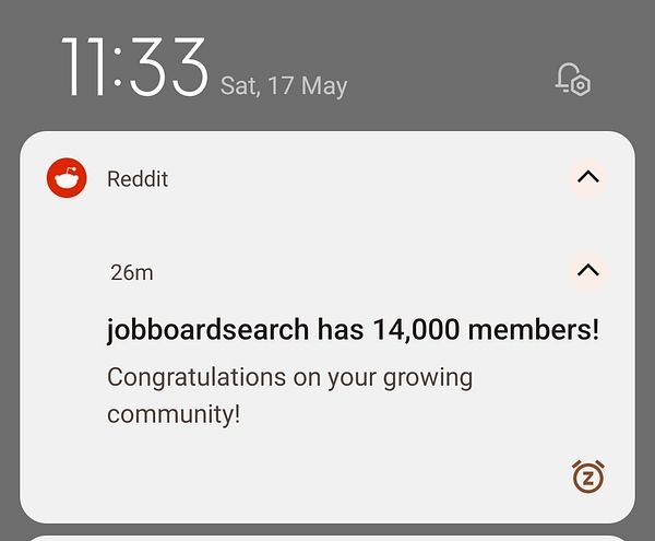 A notification from Reddit celebrating the growth of the subreddit jobboardsearch to 14,000 members.