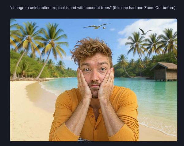 A man with tousled hair is posing in front of a tropical beach scene, looking surprised or contemplative.