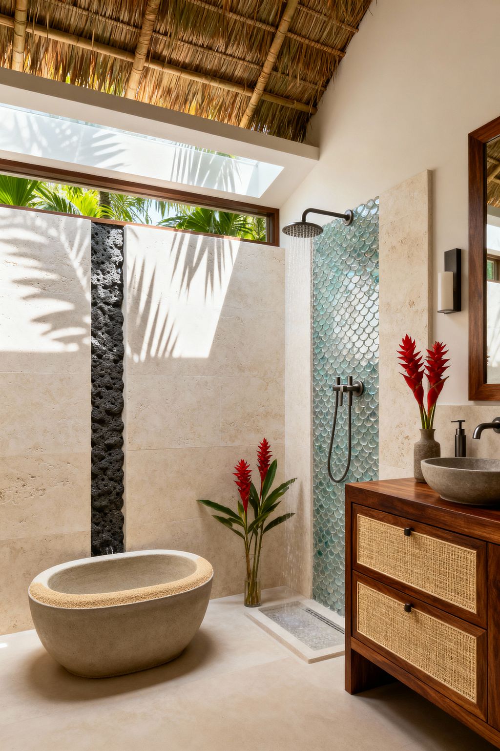 A tropical bathroom with a thatched palapa ceiling and a long clerestory skylight casting palm leaf shadows on light travertine walls. The walk-in shower features aqua fish-scale glass tiles with a matte black rain head and hand shower over a slim stone tray. A rounded concrete soaking tub sits beside a vertical band of dark lava rock. A teak vanity with woven rattan drawers supports a stone vessel sink, with red ginger flowers as accents.