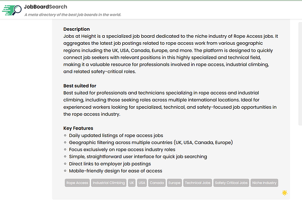 The image displays a webpage for JobBoardSearch, focusing on job listings in the rope access industry.