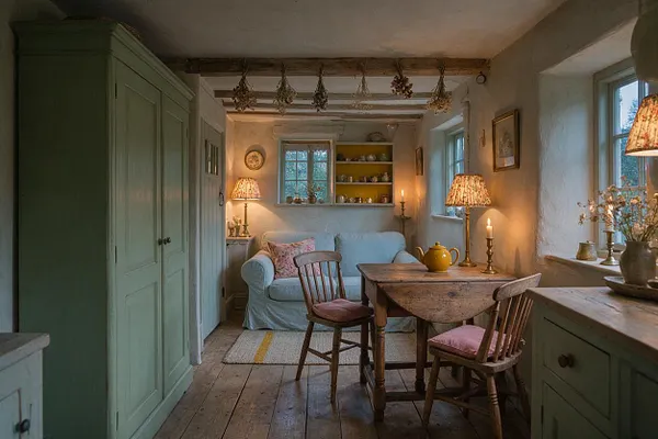 A compact cottagecore studio apartment with white plaster walls, exposed ceiling beams, and a rustic wood floor. A pale blue sofa sits against the back wall beneath a small window and shelf of dishes, while a worn wooden table with spindle chairs occupies the center. Soft table lamps, candles, dried flowers, and sage green cabinetry add a warm, lived-in feel.
