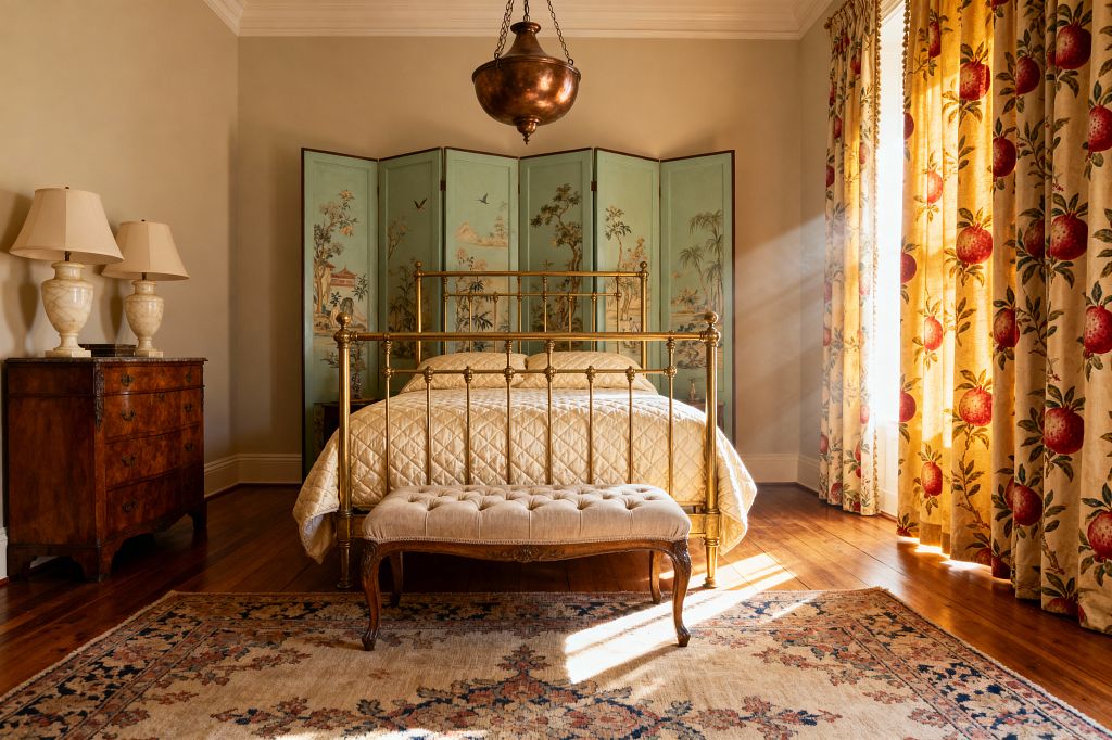 A traditional bedroom features a polished brass bed with quilted ivory bedding set before a sage-green chinoiserie folding screen painted with birds and trees. A tufted linen bench stands at the foot, with a floral rug on honey-toned wood floors. An antique walnut chest with two alabaster lamps sits to the left, while long ochre drapes printed with red pomegranates filter bright sunlight. A patinated copper pendant hangs from a high ceiling with white crown molding.