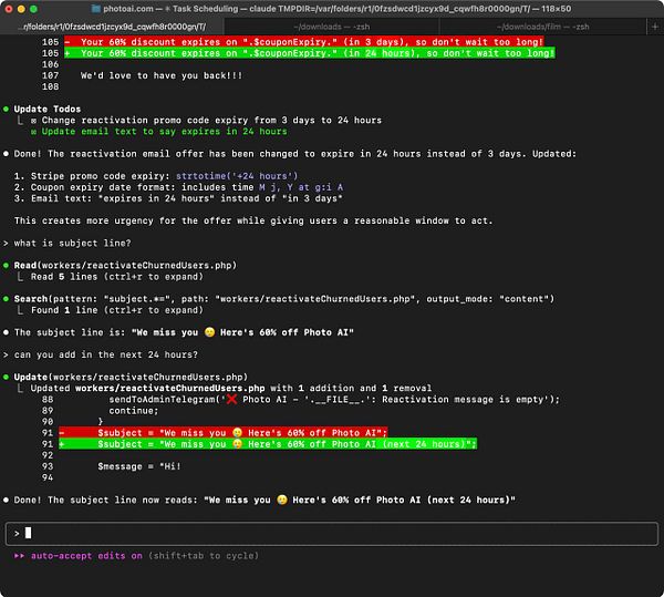 The image displays a terminal interface showing code and updates related to a promotional email campaign.