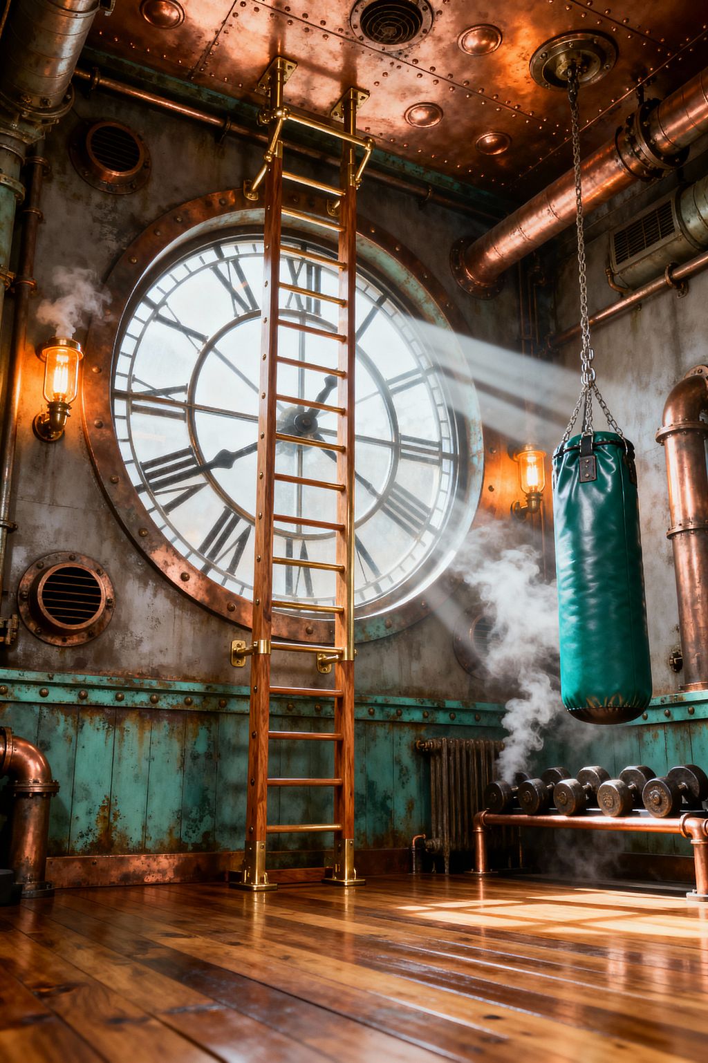 A steampunk-themed home gym centers on a giant round clock window that sends bright beams onto honey-toned hardwood floors. A solid wood wall ladder with brass brackets stands before oxidized teal wall panels, while a teal heavy punching bag hangs by a chain; a copper-pipe dumbbell rack, riveted copper ceiling, exposed vents and steam pipes with visible vapor, Edison-bulb sconces, and a vintage radiator complete the industrial setting.