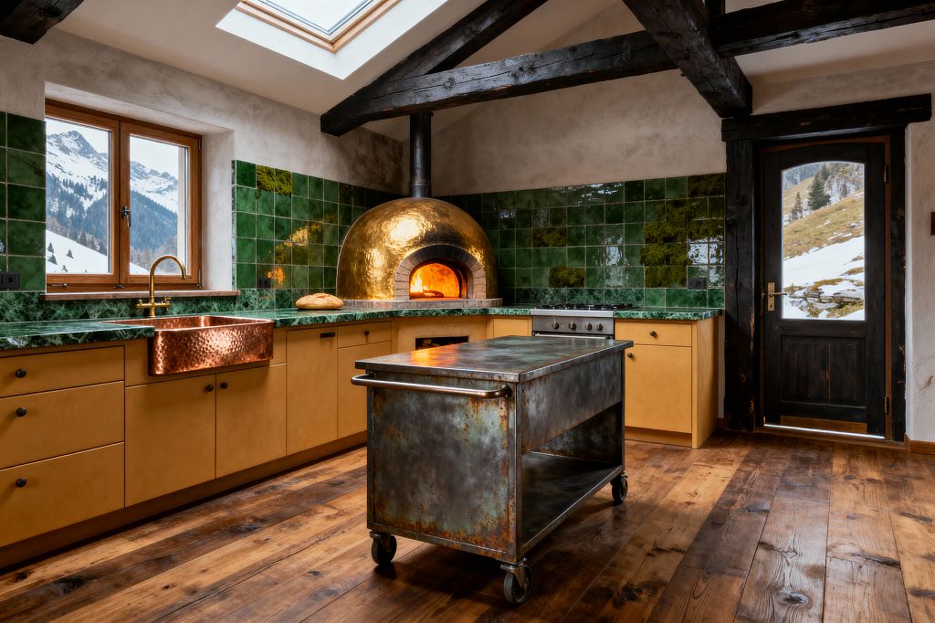 A rustic kitchen with exposed dark timber beams and a skylight overlooks snowy mountains through a wood-framed window. The space features honey-colored cabinets, a hammered copper farmhouse sink with a brass faucet, green marble countertops, and glossy emerald square tile backsplash. A brass-clad wood-fired pizza oven glows in the corner beside a loaf of bread, while a weathered steel rolling island sits on reclaimed wood floors near a dark wood door.