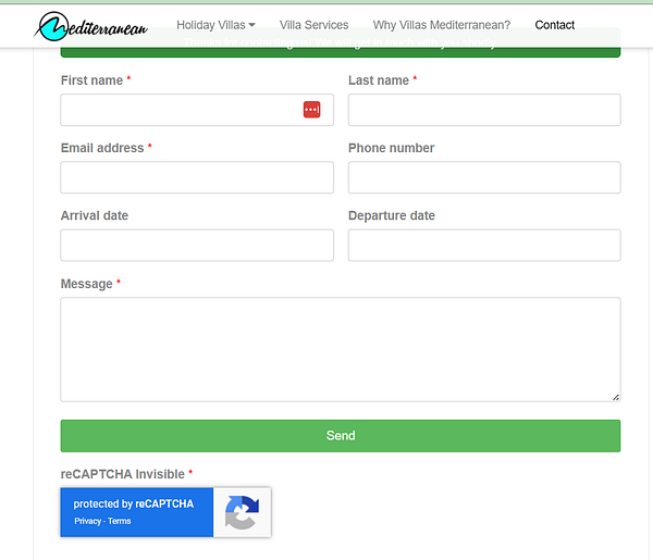 The image displays a contact form for a holiday villa service with reCAPTCHA integration.