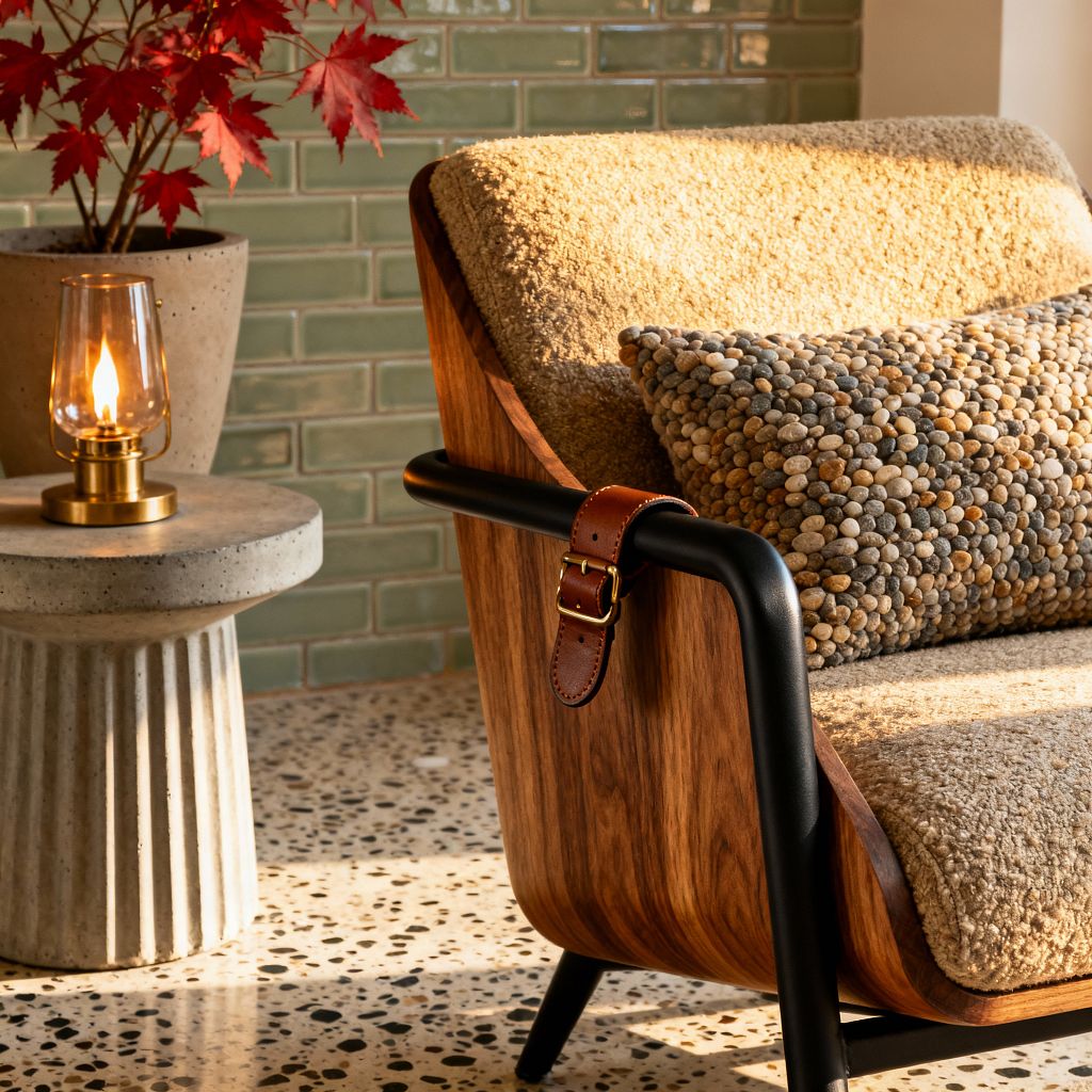 Close-up of a transitional patio corner with a walnut-toned wooden lounge chair on black metal legs, upholstered in sand-colored bouclé and styled with a pebble-textured lumbar pillow and a leather strap with brass buckle. A cast-concrete pedestal side table holds a small brass-and-glass oil lamp. Red foliage adds color against a wall of glossy sage green subway tiles, set above a speckled light terrazzo floor.