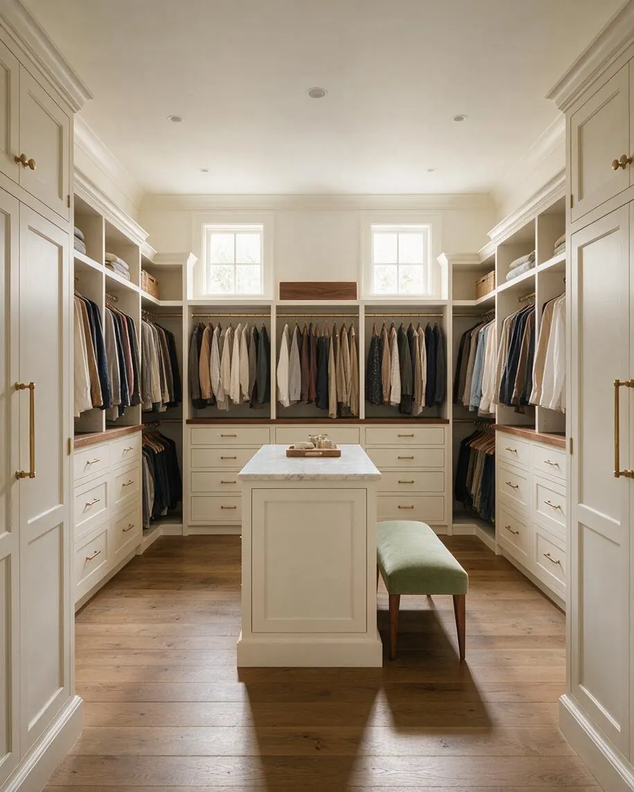 A spacious walk-in closet with cream built-in cabinetry lining both sides and the back wall, filled with neatly hung clothing and open shelves. A central island with a light stone top sits on warm wood floors, paired with a green upholstered bench and brass hardware, under soft natural light from two small windows.