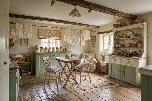 A cozy cottagecore laundry room with exposed dark wood ceiling beams, pale plaster walls, and a mix of painted cabinets in soft sage green and cream. Floral textiles, lace curtains, wicker baskets, and a small wooden table with two chairs create a warm, lived-in farmhouse feel.