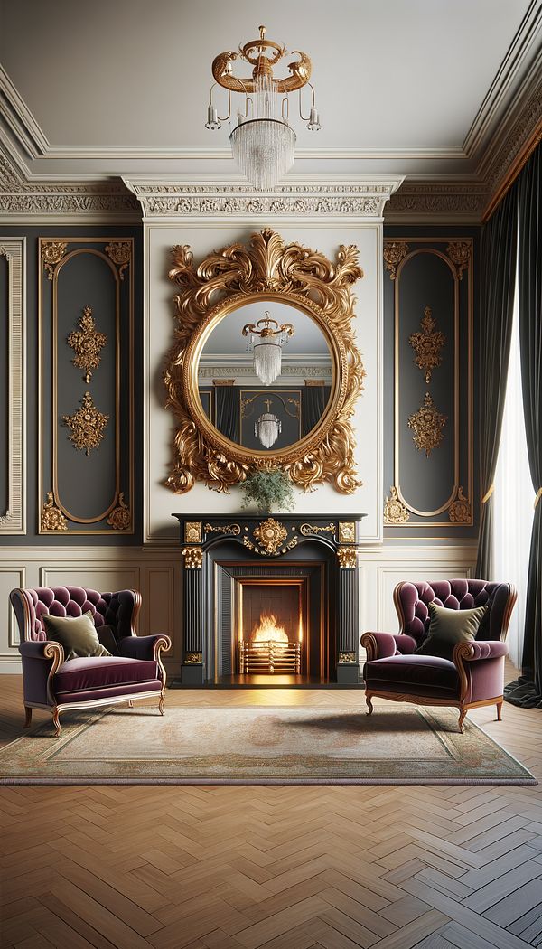 An elegant living room decorated in Regency style, featuring sleek mahogany furniture, luxurious velvet upholstery, and a statement gold-framed mirror above a classic fireplace.