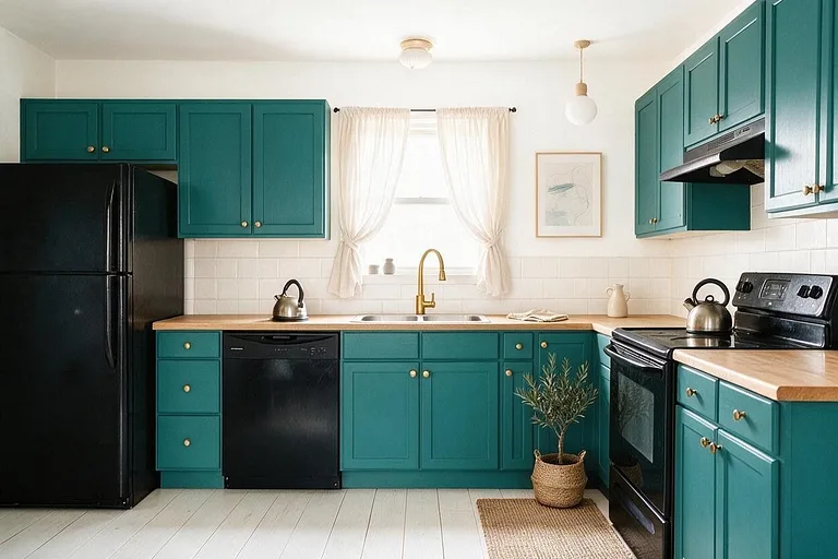 A Scandinavian kitchen in the Teal Kitchen palette: white, teal, light oak, off-white, and brass